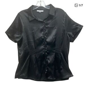 ANTHROPOLOGIE RO&DE Top Women's Large L Black Satin Short Sleeve Button E2